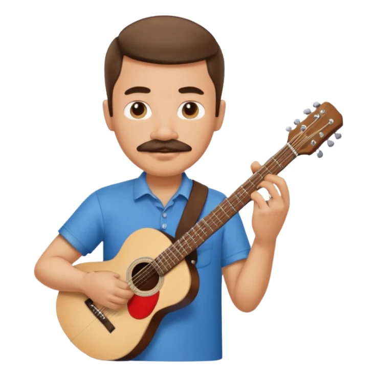 man with mustache and short hair playing guitar, simple and clear, no background, Apple emoji style sticker