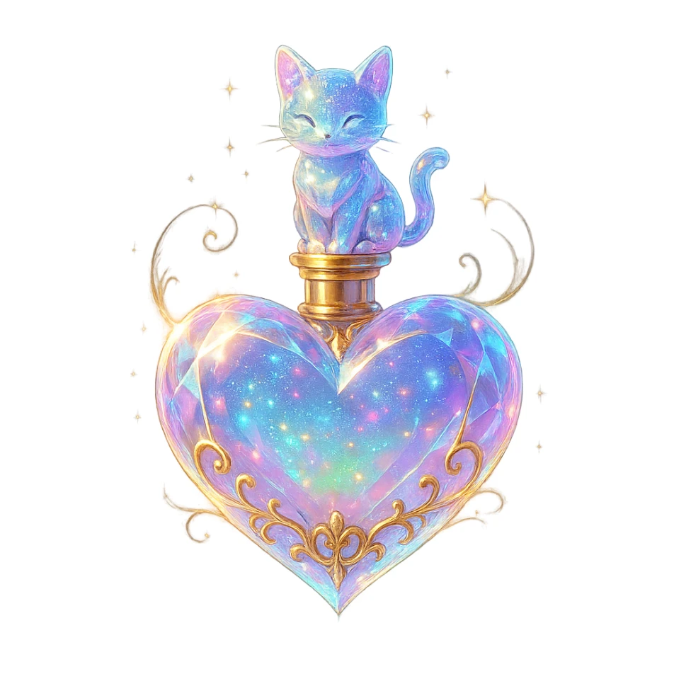 luxurious crystal elixir bottle in heart shape, pastel gradient, lots of glow, edges, ornaments, golden details, magical effects, very small golden neck, transparent background, beautiful merging bottom, clearly floating in air, no base or shadow, premium class impression, small cat sitting on top, design matching crystal, luxurious, magical bottle collection sticker