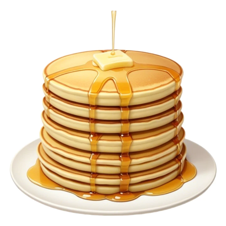 Cinematic fluffy golden pancakes, stacked high, drizzled with maple syrup, topped with fresh butter melting on top, light dusting of powdered sugar, warm and inviting, soft glow and mouthwatering. sticker