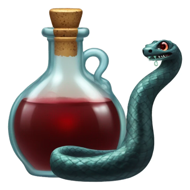 A glass potion bottle, with glittering blackish red liquid inside, and a snake coiling around the outside of the bottle. sticker