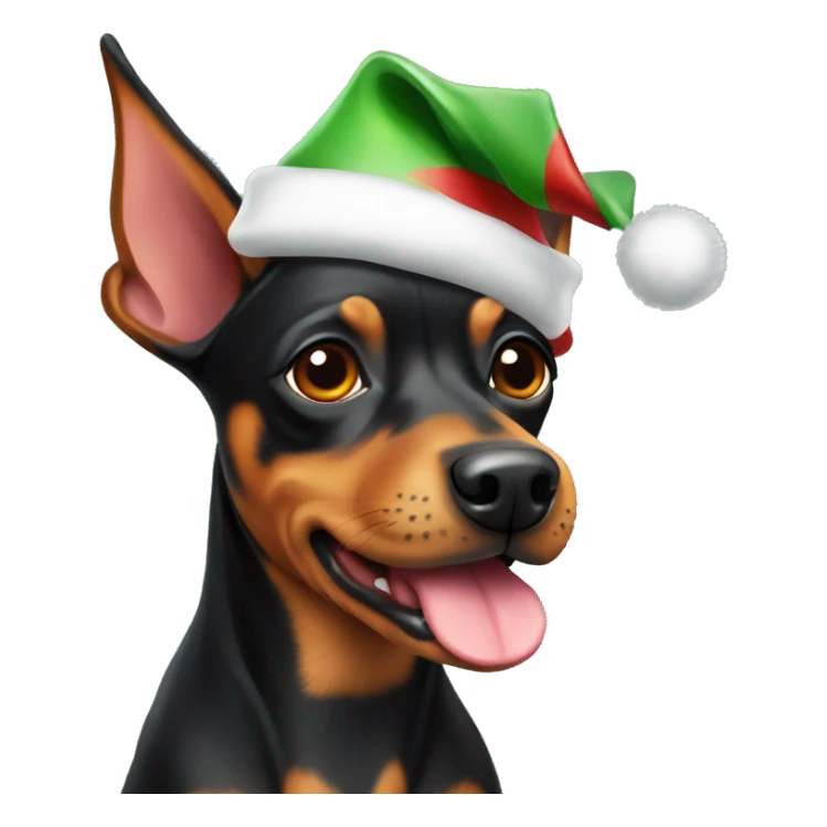 A pinscher dog with a Christmas hat sticker