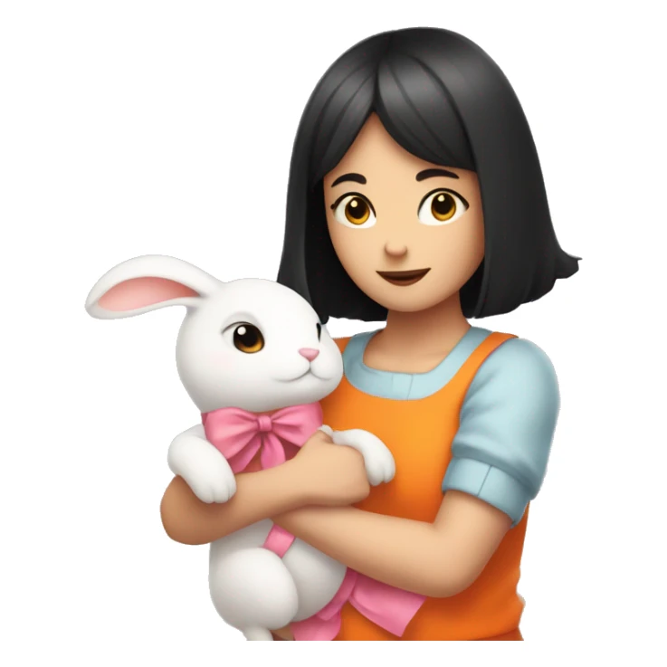 Black Short haired white girl hugging orange rabbit with pink ribbon sticker