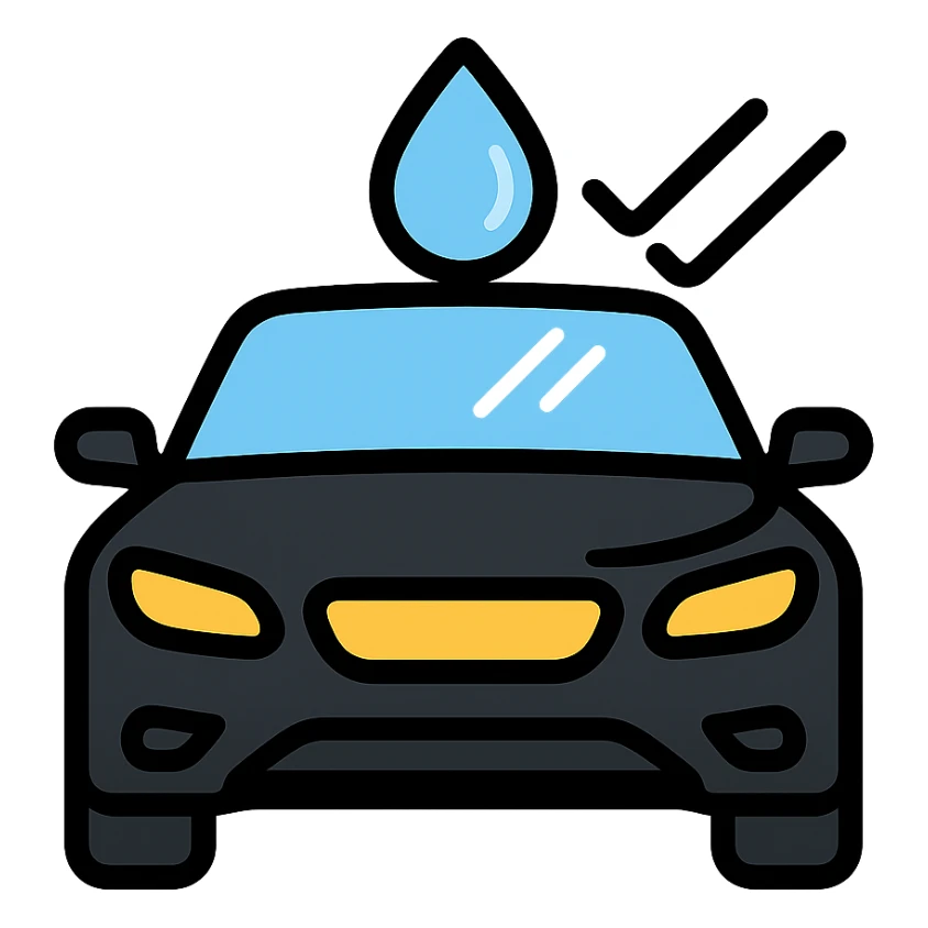 full high-end vehicle icon with glossy black mirror-like paint, water droplet sliding on the hood or roof, subtle repellent effect with water lines moving away, modern and clean style sticker