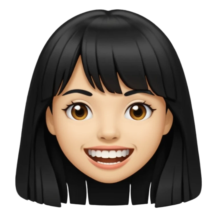 Woman a little tan with long black hairs and bangs, appearing teeth sticker