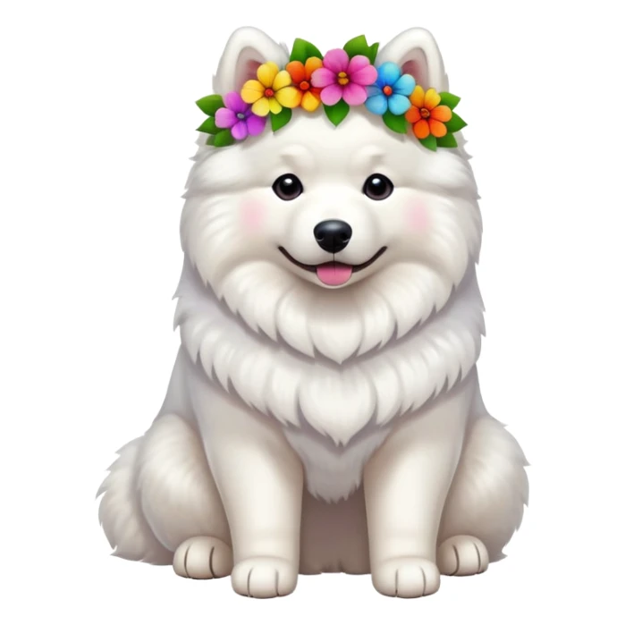 Full body photo of a Samoyed with many flowers on its head sticker