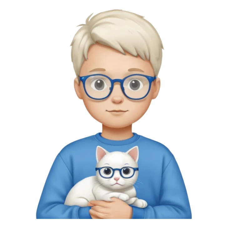 A boy wearing a sweatshirt and glasses holding a white cat sticker
