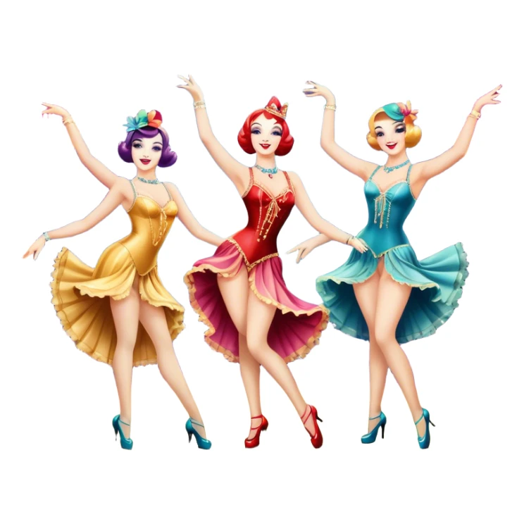 A vintage movie poster-style design inspired by Moulin Rouge. Include glamorous cabaret dancers in extravagant costumes, a colorful stage, sparkling lights, and a sense of drama. The atmosphere should be vibrant, with musical notes in the air. Retro cinematic style. Transparent background. sticker
