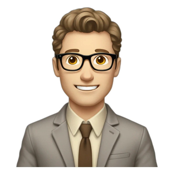 Joyful Pale skinned Fit Man With dark brown hair in gray jacket, beige office shirt, Brown pants and vintage glasses. His thrumbs up sticker