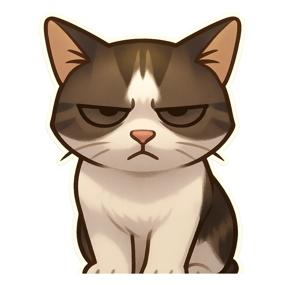 A cat with an impatient expression, frowning and squinting eyes. The light from above is shining vertically, and the face is in the shadow, making the cat's face more serious. sticker