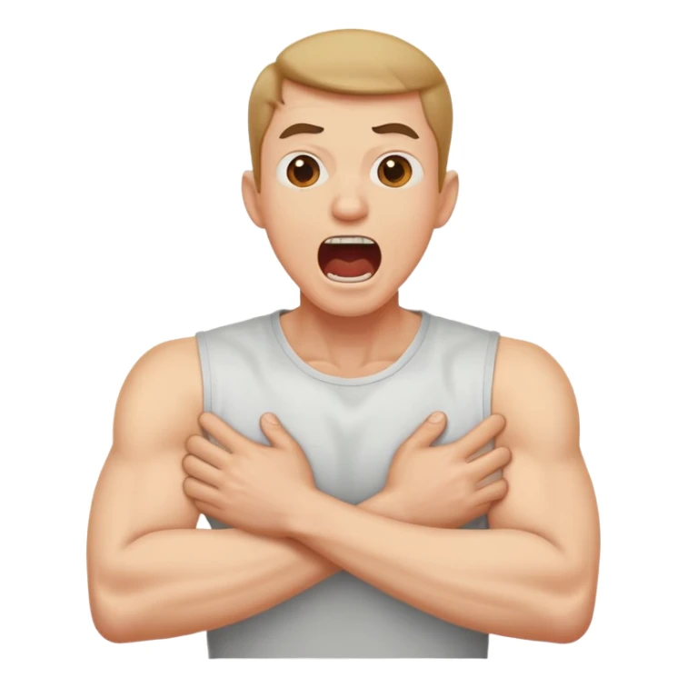 Arms crossed holding neck with screaming man sticker