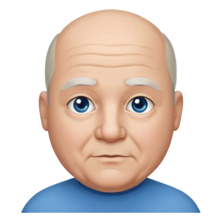 75,  bald, grey side hair, chubby, blue eyes, chin hair sticker
