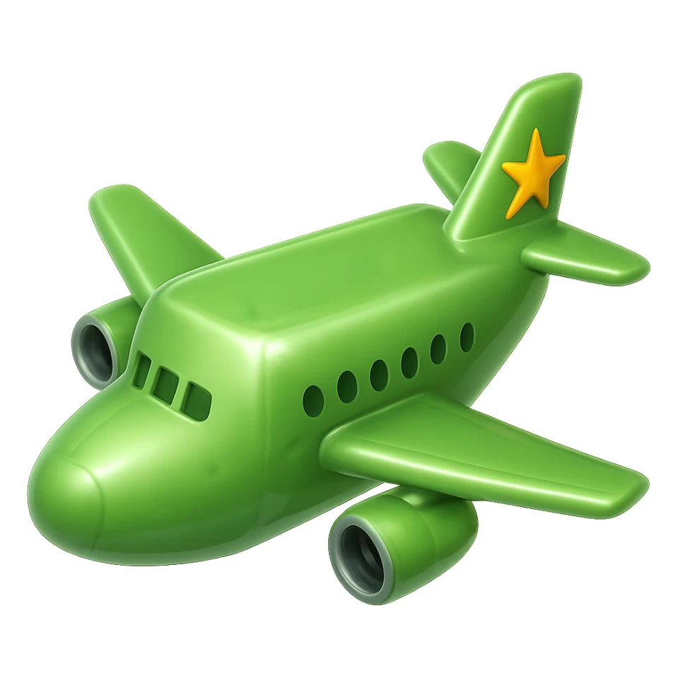 Make the light green airplane look like the glossy green cube in the reference image, keep one turbine on each wing, no background, in the style of apple emojis. sticker