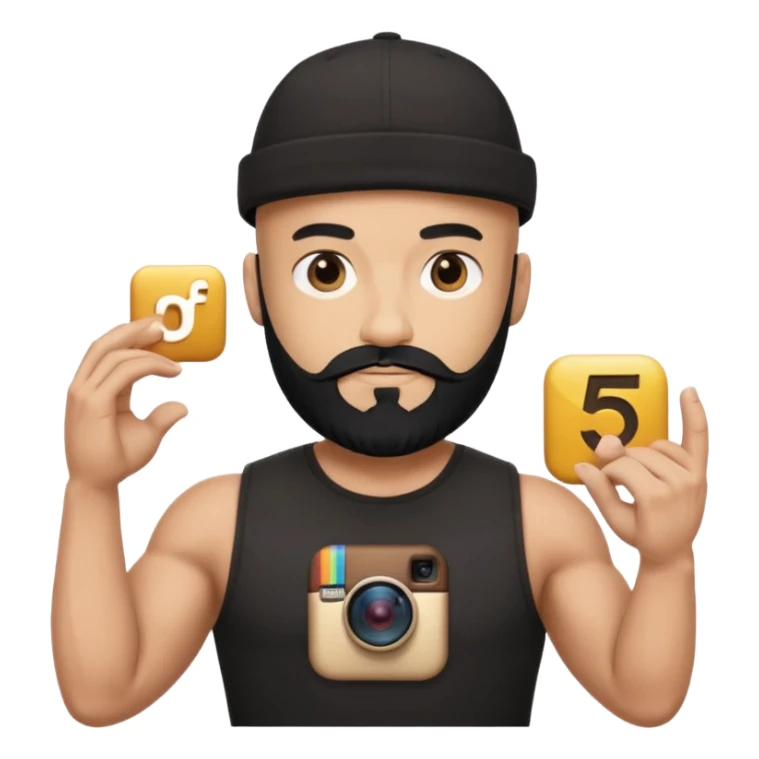 Muscular bald man with black beard wearing cap, holding giant Instagram logo, golden "500" floating above, minimal emoji style, white background sticker