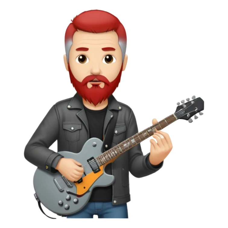 a short grey hair, with long side beard shop, middle age metal head with a classic epiphone eletric guitar sticker