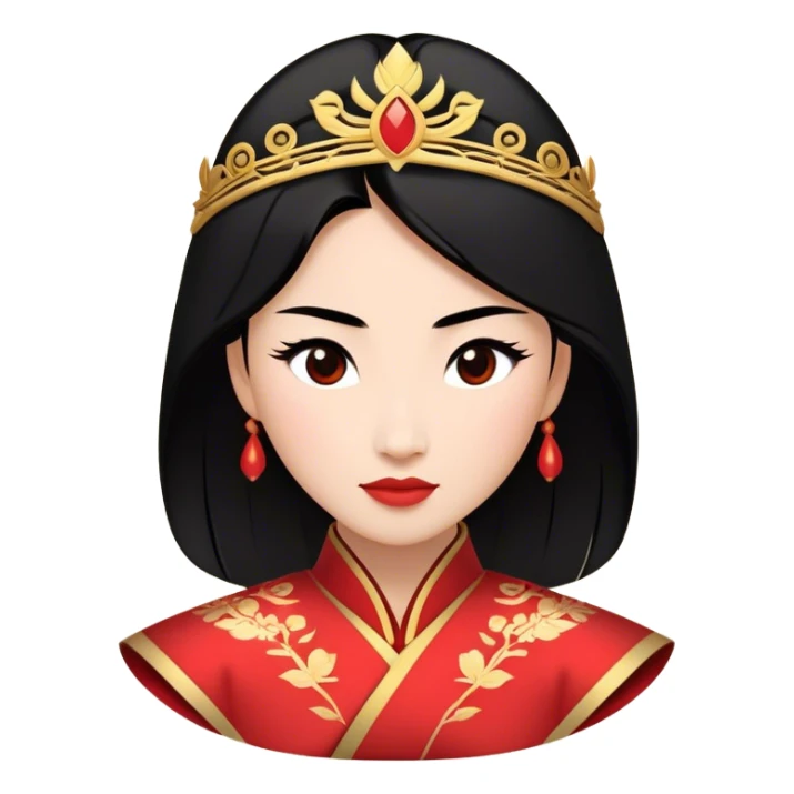 Cinematic Majestic Mulan Portrait Emoji, rendered in a clean, vector-style with bold, simplified shapes. Depict Mulan with a serene, noble expression, warm light skin, and neatly styled black hair, dressed in traditional attire featuring subtle red motifs and gold trim. The image glows with a calm, majestic aura, high shine, and a soft glowing outline, embodying classic elegance. sticker