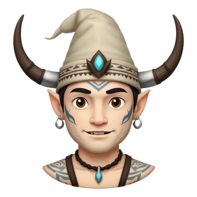 Man white skin with horned hat — tribal tattoos, smirk. sticker