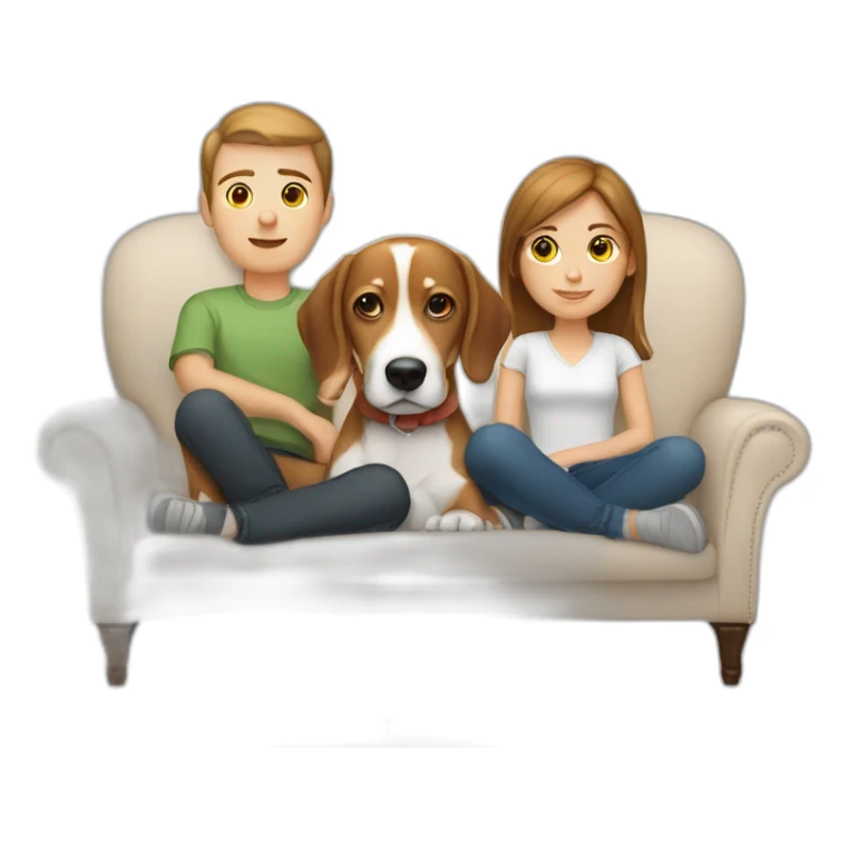 Brown hair White boy and girl with beagle Sit on couch sticker