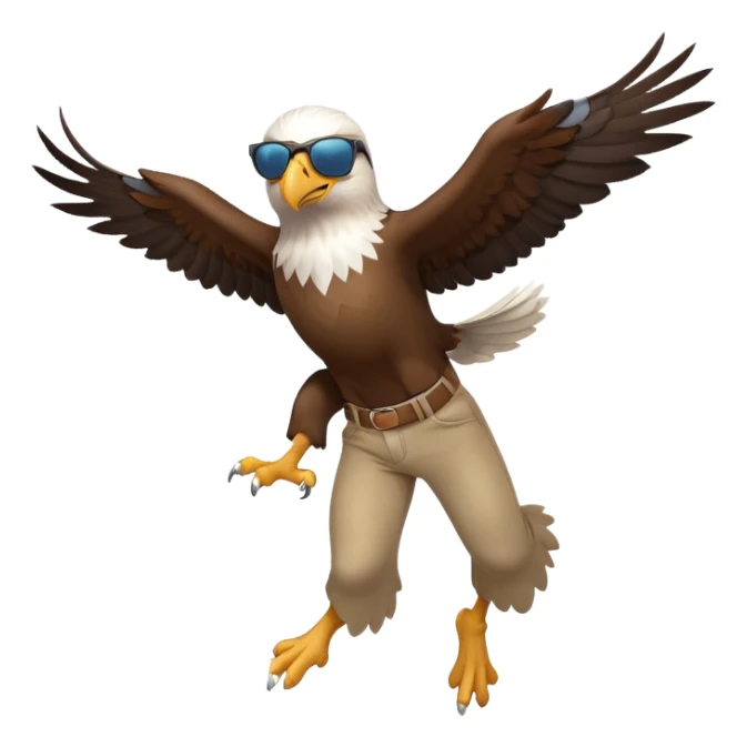 friendly anthropomorphised male eagle in a shirt and pants with sunglasses leaping energetic pose sticker