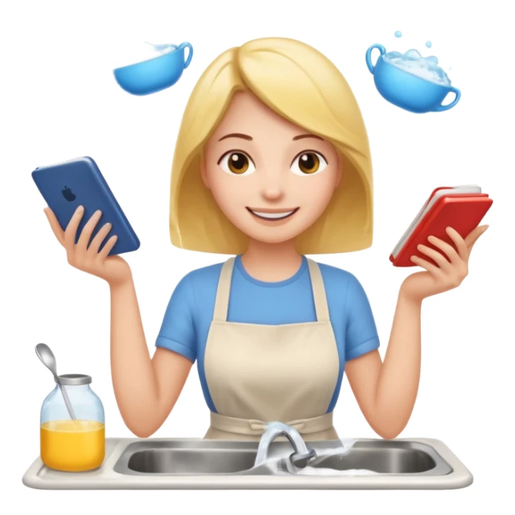 woman perfectionist with multiple arms texting a message wahsing dishes and reading a book 
more dinamic emoji  sticker