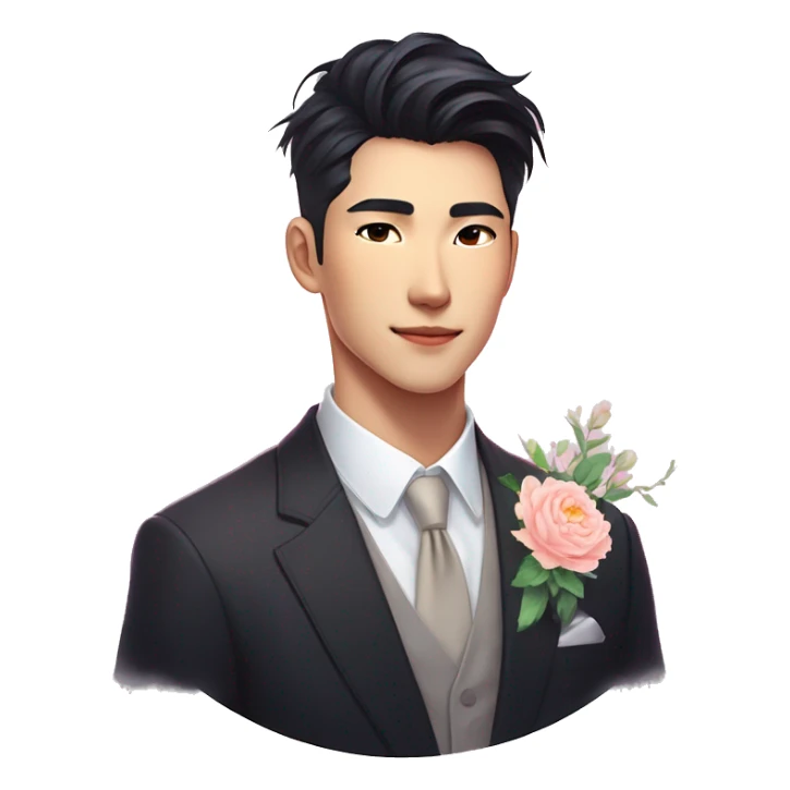 Gorgeous romantic anime style Asian formal modern gentlemanly guy with flowers and blushing face aesthetic trending style outside with colorful gradient bright light colors sticker
