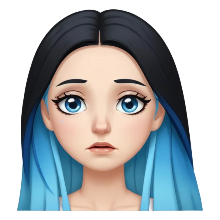 White female-crying small tears-gorgeous face-sky blue eyes with black eyeliner-very very long straight black to sky blue hair ombre-dressed as a goa sticker