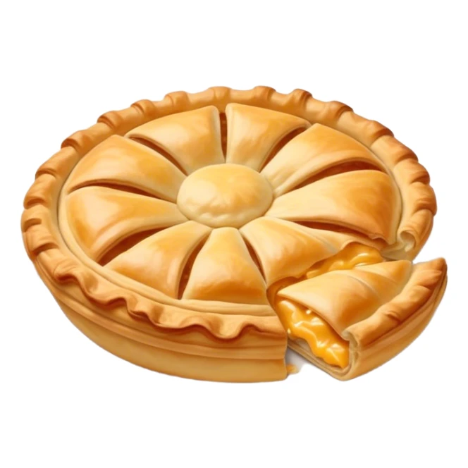 Cinematic Realistic Burek sa Sirom Dish Emoji, showcasing a flaky pastry filled with cheese rendered with crisp textures and appetizing, warm lighting. sticker