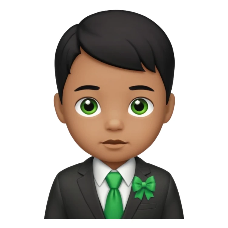 baby boy black hair in suit, with green bow sticker