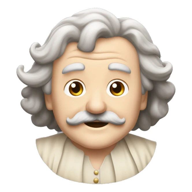 Short pudgy old man over enthusiastic happy excited face bald forehead long wavy gray and brown brunette long wavy hair moustache Shakespearean dress vintage clothes hamlet small arms sticker