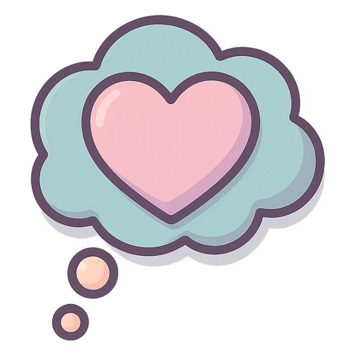 heart-shaped thought cloud, well detailed, detailed shadows and highlights, thin clean contours, soft rounded shapes, pastel palette #98B5BC, #B5B3C1, #C9A3C9, #E4C0CA, #F7DCD1, #F7C0AA, modern Japanese pop art and sticker aesthetic, soft lighting, transparent background sticker