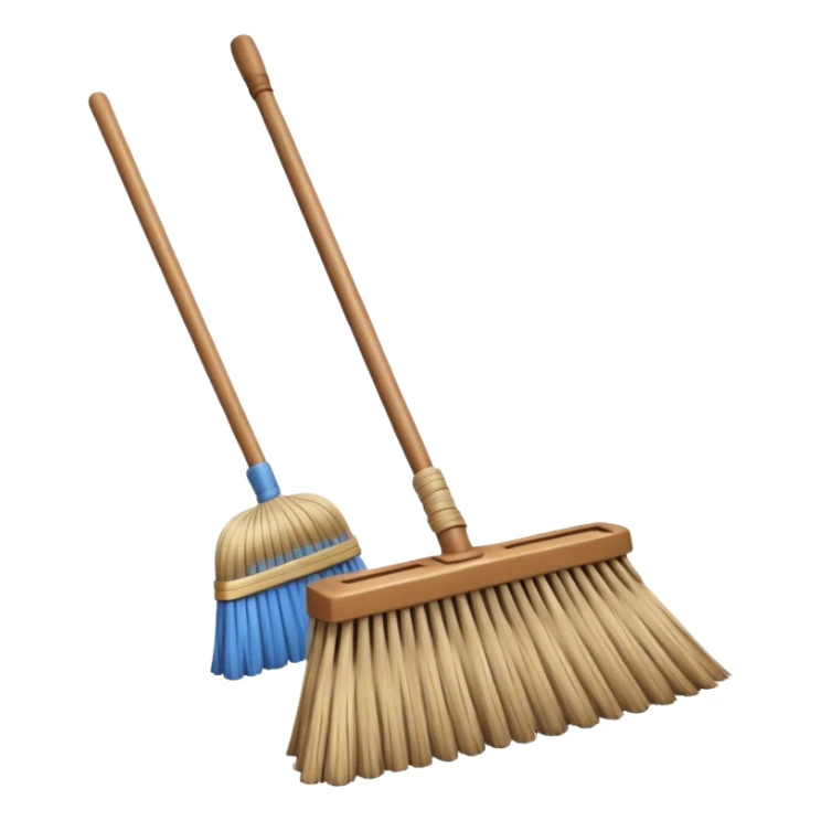 traditional broom with wooden handle on a dusty carpet, straw bristles sweeping visible dust clouds, old-fashioned cleaning tool, vintage household style, 3D cartoon, mobile game icon style, centered composition, no people, no animals, no text, no watermark sticker