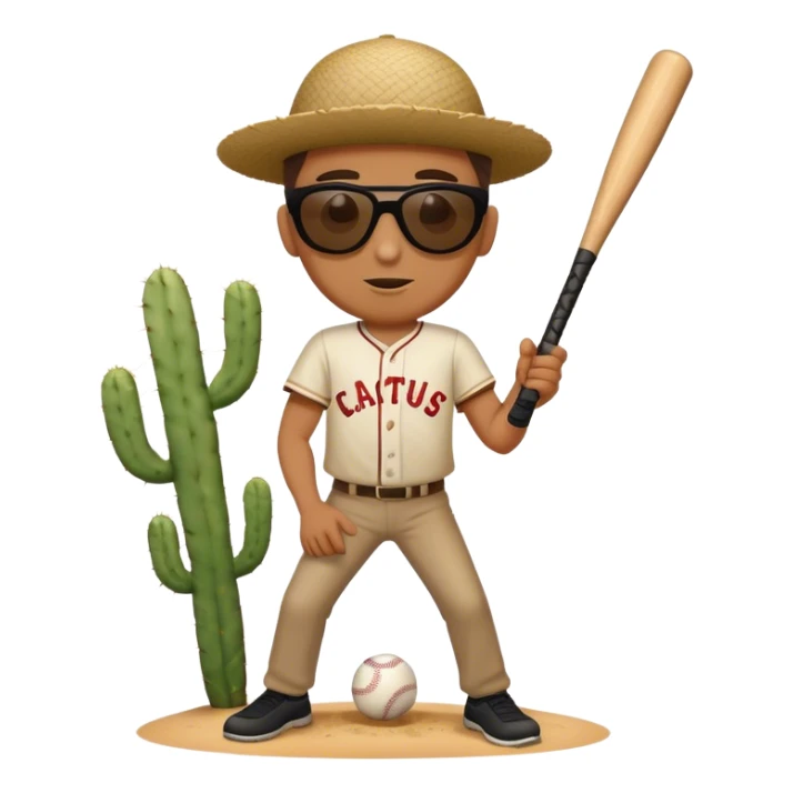 A man playing baseball with a cactus bat and a tumbleweed ball sticker