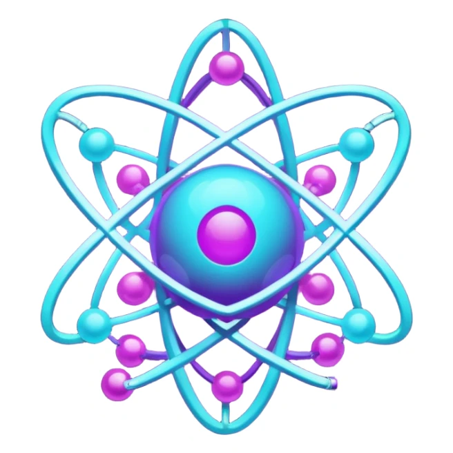 minimalistic atom, neon purple (#8B5CF6) and cyan (#00E0FF), representing Atom team creativity and innovation, clean tech design sticker