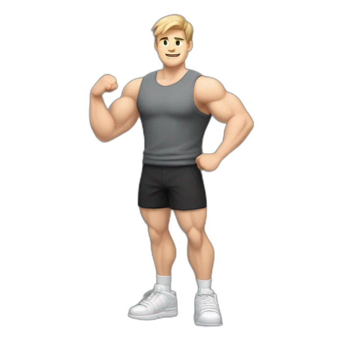 Full height Actively gesturing with hands Pale skinned Fit Man With the biceps, Bristle and light brown hair in dark gray Sleeveless Mike, black oversize sports shorts and white Sneakers sticker