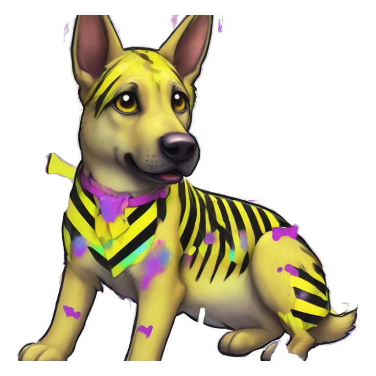 .Zombie_ Vaporwave black holographic oilslick zombie yellow Labrador German shepherd zombie dog yellow caution tape graffiti stripes iridescent blue purple mane yellow stripes sticker