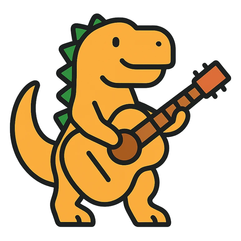 dinosaur playing guitar, modern color icon style, clean lines, bold colors, simple background sticker