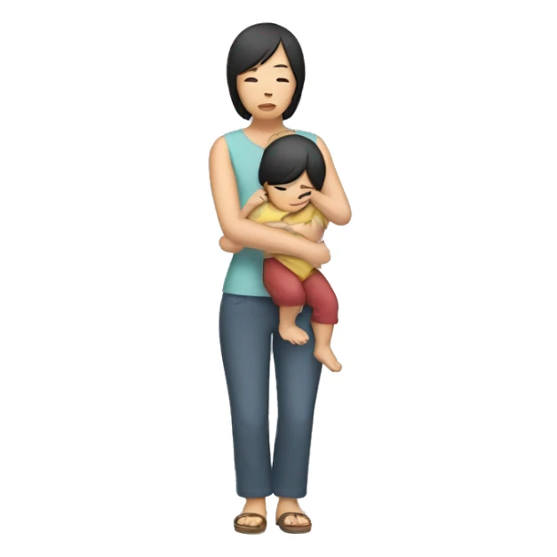 asian sad mum holding two kids, full body standing sticker