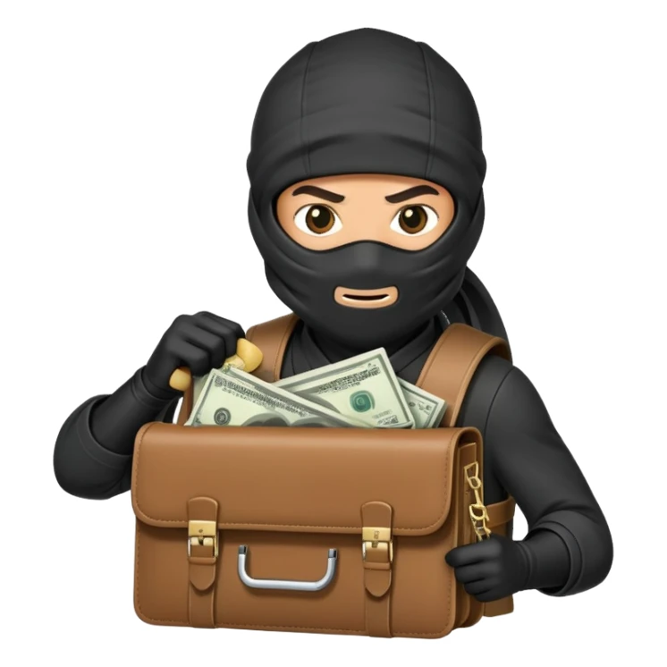Stealthy ninja holding open money briefcase showing cash inside sticker