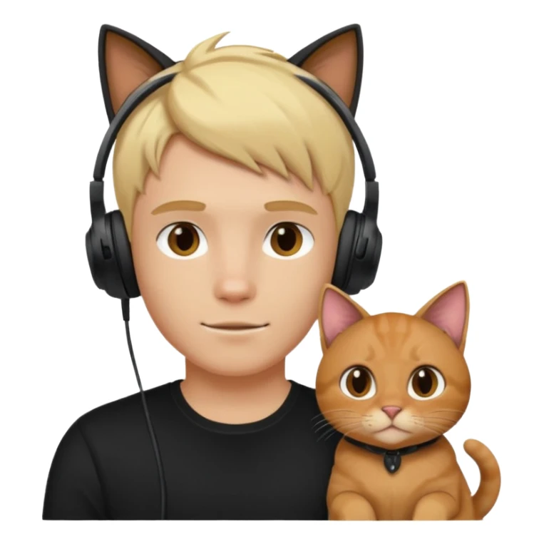 blonde guy in a black top with gaming headphones on and a brown cat sticker