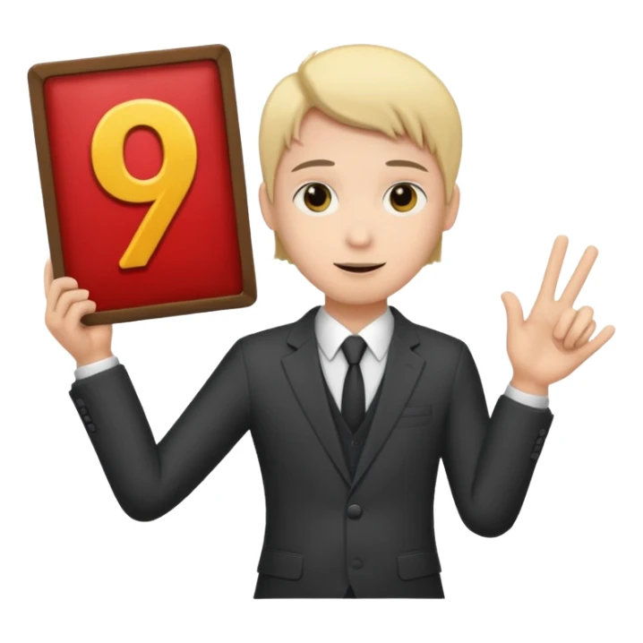 single person in a suit holding a sign with the number 9 sticker