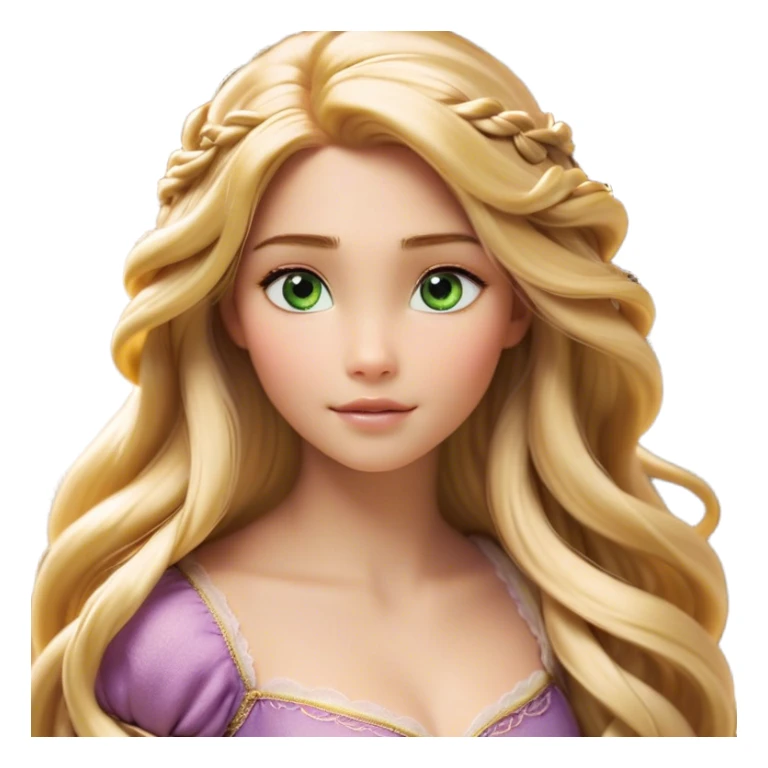 Cinematic Realistic Rapunzel Portrait, with porcelain-like skin featuring a subtle, natural glow, illuminated by soft lighting that brings out the gentle contours of her face. Her long, golden blonde hair cascades in detailed waves, each strand highlighted with a radiant shimmer as it catches the light. Her bright, expressive green eyes exude curiosity and warmth, framed by delicate lashes and soft, arched brows. Her expression is playful and vibrant, with a gentle smile. She is dressed in her classic lavender and pink gown, the fabric textured with delicate folds that flow naturally, catching the light with a soft, radiant glow. The portrait captures a luminous, enchanting aura, seamlessly blending realism with a whimsical, fairytale charm, evoking a timeless sense of beauty and magic. sticker