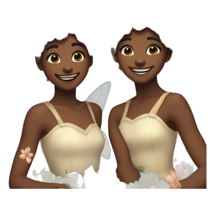 two fairies flying, beautiful, flowers in hair, smiling, aesthetic sticker