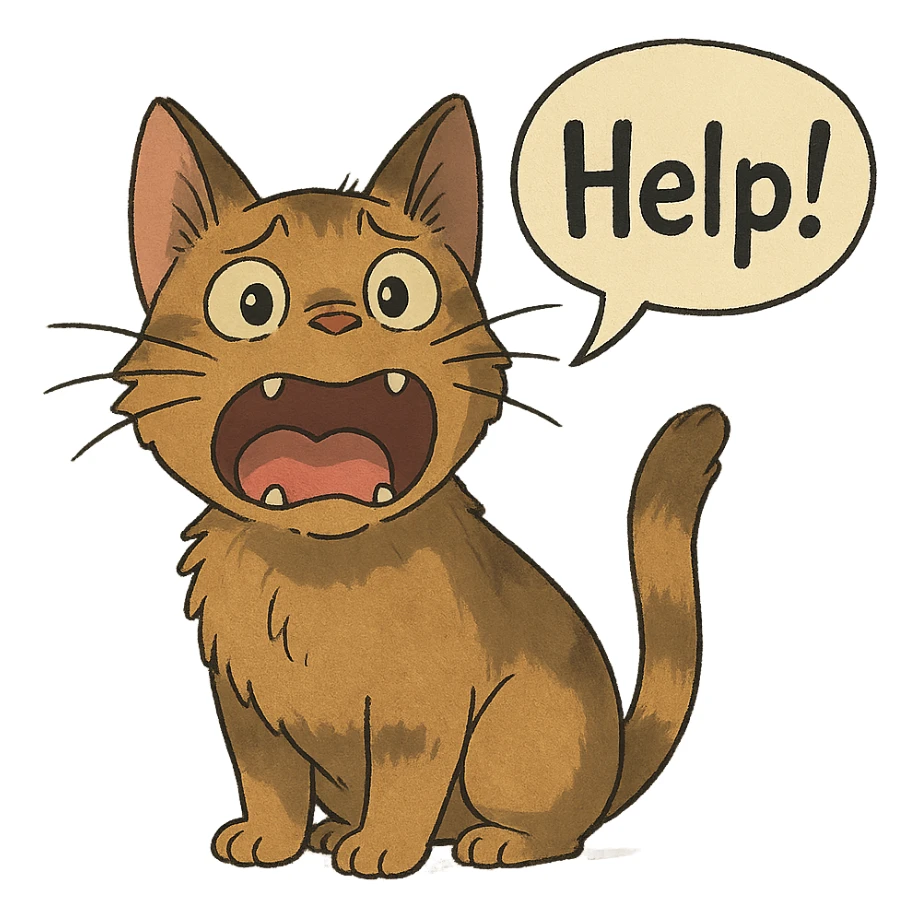ghibli style cute cat, wide open mouth, shouting 'Help!' with expressive face sticker