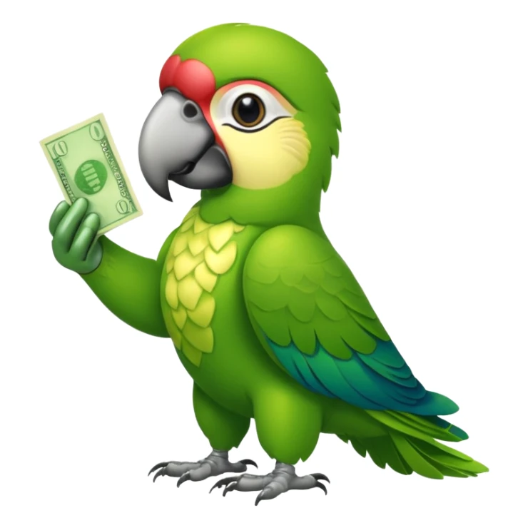 Green parrot, all green body, has money sticker