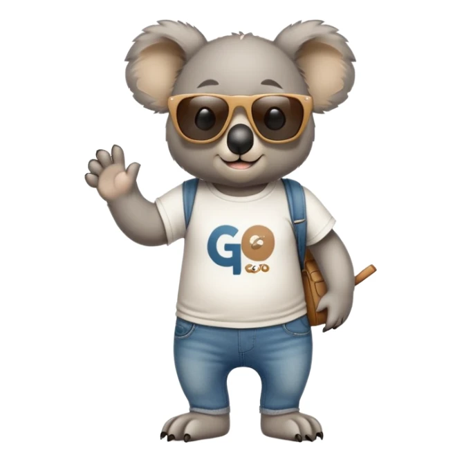 anthropomorphised koala wearing a 'Go' t-shirt and jeans with dark sunglasses walking upright sticker