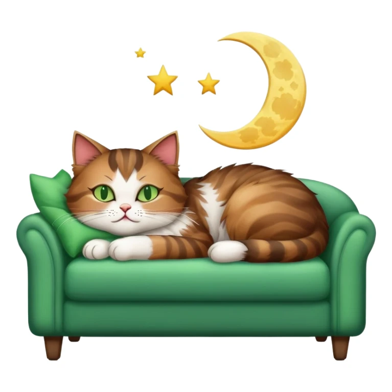 tricolor fluffy cat with big green eyes sleeping on a sofa with a moon above her sticker