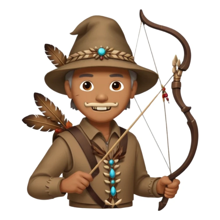 The classic image of a middle-aged uncle hunter carrying a bow, dressed in brown clothes, with some ornaments made of feathers, bones or teeth on his body. sticker