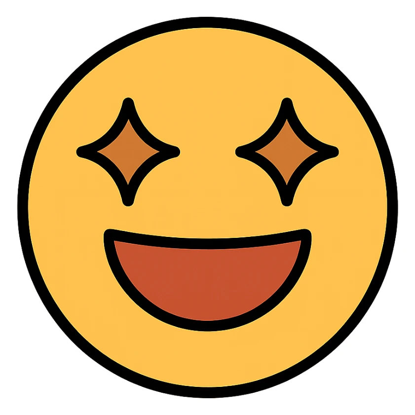 very good happy face emoji, smiling, sparkling eyes sticker