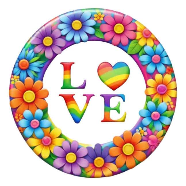 A round psychedelic colored button that says love, peace, and joy with rainbow colored hippie style flowers sticker