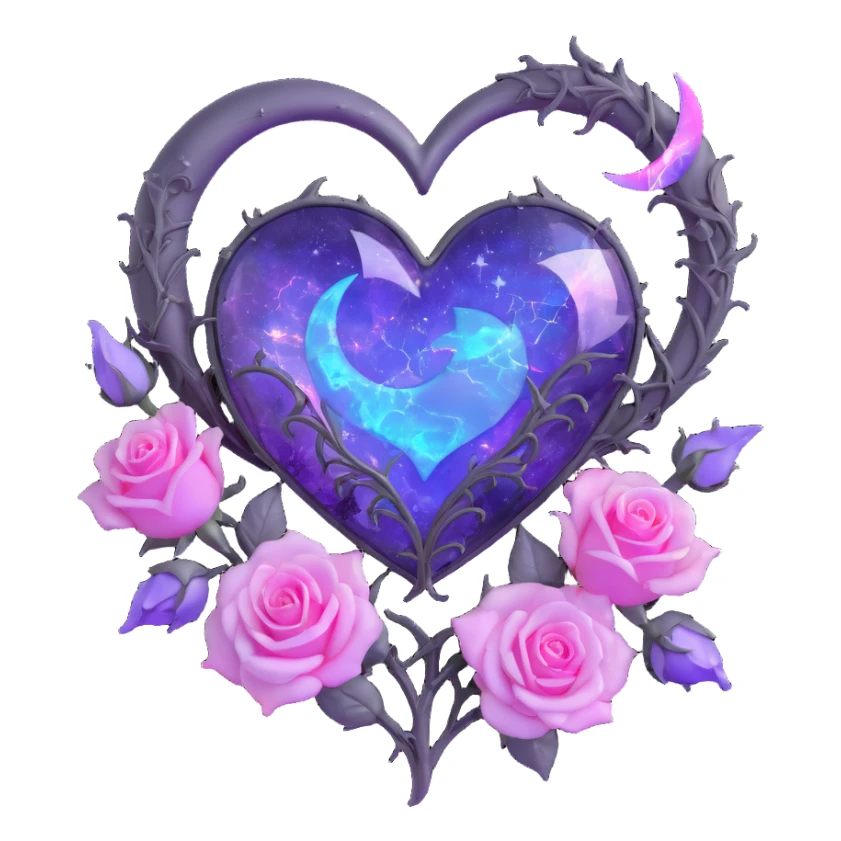 gothic heart made of opal glass, silver crescent moon, glowing lavender roses, holographic stardust, neon pink lightning, drenched and splintered glass sticker