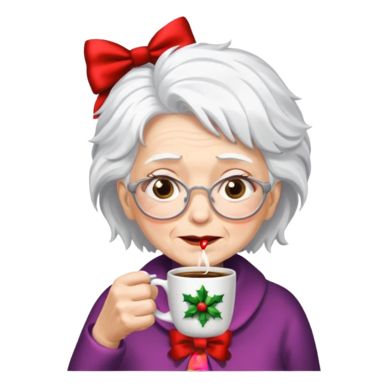 Old lady with crazy hair and christmas bow drinking coffee sticker